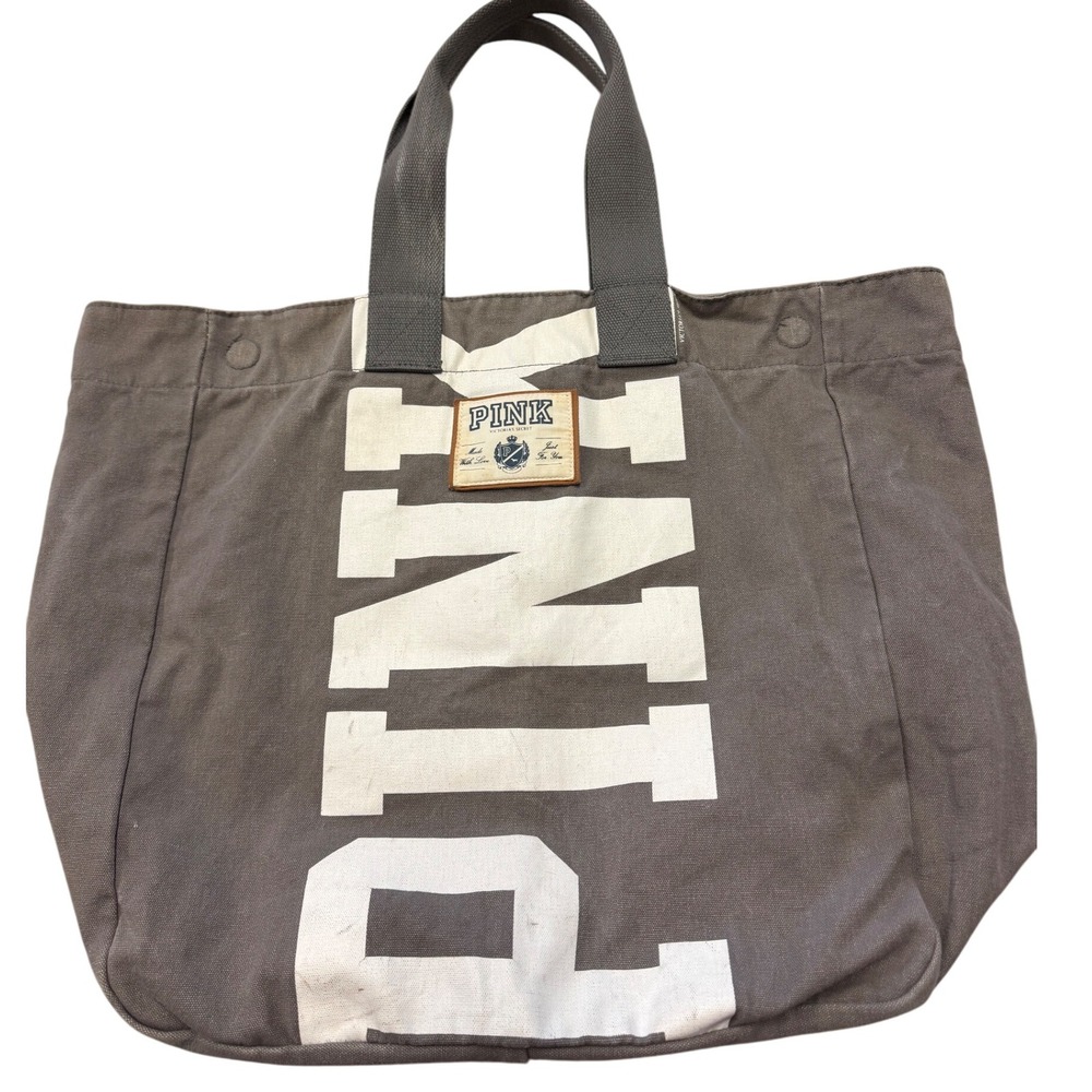 Victoria's Secret Y2K‎ PINK Tote Bag Canvas Grey LOVE Graphic Large